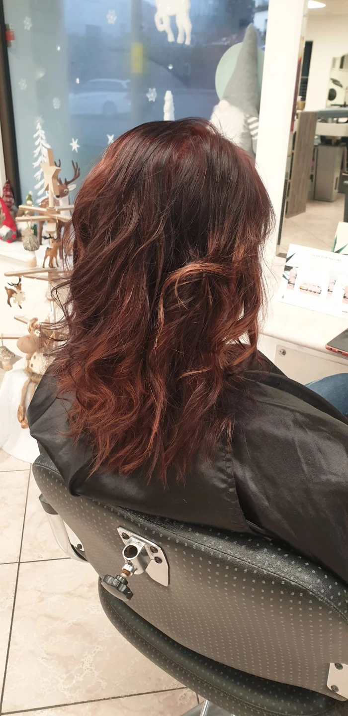 Longs cheveux auburn brillants après une coloration